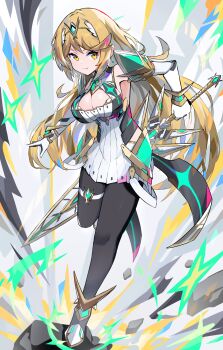 absurdres aegis_sword_(xenoblade) bakeneko1212 blonde_hair chest_jewel cleavage_cutout clothing_cutout core_crystal_(xenoblade) dress headpiece highres microdress mythra_(xenoblade) swept_bangs tiara xenoblade_chronicles_(series) xenoblade_chronicles_2 yellow_eyes