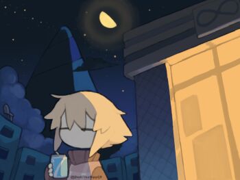 1girl blonde_hair brown_sweater can closed_eyes deformed drink_can grey_sweater_vest hair_flaps holding holding_can infinity_symbol long_sleeves moon night no_mouth outdoors plaid_clothes plaid_sweater_vest regurusu_(nagarevosi) short_hair sidelocks soda_can solo sweater sweater_vest turtleneck turtleneck_sweater twitter_username upper_body urotsuki yume_2kki