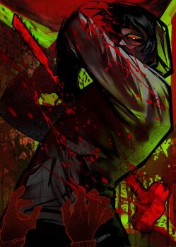 1boy 1other arms_up black_hair blood blood_splatter bright_pupils commentary cowboy_shot crazy_eyes cry_of_fear english_commentary grey_hoodie hammer hands_up highres holding holding_hammer hood hood_up hoodie imminent_attack ksks_sweety limited_palette looking_at_viewer male_focus one_eye_covered pov pov_hands red_eyes saturated short_hair simon_henriksson_(book) white_pupils