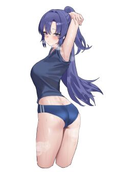 1girl absurdres armpits ass blue_archive blue_buruma blue_shirt buruma butt_crack damcheong from_behind gym_shirt gym_uniform highres long_hair official_alternate_costume official_alternate_hairstyle ponytail purple_eyes purple_hair shirt simple_background solo steam stretching sweat thighs white_background yuuka_(blue_archive) yuuka_(track)_(blue_archive)