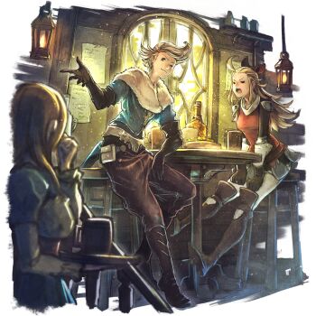 1boy 2girls angry blonde_hair bravely_default:_flying_fairy bravely_default_(series) crossover edea_lee multiple_girls octopath_traveler octopath_traveler:_champions_of_the_continent official_art one_eye_closed ringabel wink