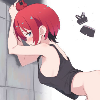 1girl against_wall amate_yuzuriha aqua_eyes armpits ass bare_shoulders bent_over black_bra black_panties black_tank_top blush bottomless bra breasts cellphone closed_mouth gundam gundam_gquuuuuux holding holding_phone looking_back miso_(misomiso_154) naked_shirt no_bra no_panties panties phone red_hair shirt short_hair sideboob smartphone solo standing sweat tank_top underwear unworn_bra unworn_panties