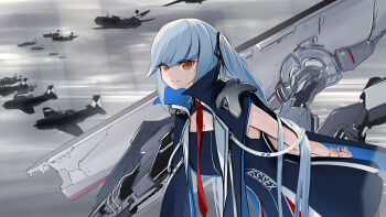 1girl aircraft airplane arms_behind_back azur_lane blue_cloak blue_hair breasts cloak collared_cloak dress essex_(azur_lane) flight_deck hair_ribbon highres long_hair looking_at_viewer machinery medium_breasts military_vehicle necktie red_necktie ribbon rigging satsukitou sb2c_helldiver solo tbf_avenger twintails