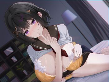 1girl absurdres areola_slip bed bed_sheet black_hair black_sailor_collar black_skirt bookshelf bra breasts clothes_lift dutch_angle finger_to_mouth floor_lamp flower hair_between_eyes hair_flower hair_ornament highres huge_breasts index_finger_raised lamp looking_at_viewer on_bed orange_bra orange_panties original panties parted_lips purple_eyes sailor_collar school_uniform shirt shirt_lift short_hair sidelocks skirt skirt_lift solo sweat thighs underwear white_shirt window yamikyon