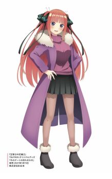 1girl :d anime_coloring artist_request black_boots black_skirt blue_eyes blunt_bangs blush boots butterfly_hair_ornament coat commentary_request full_body fur-trimmed_boots fur-trimmed_coat fur_trim go-toubun_no_hanayome gradient_nails hair_ornament hands_on_own_hips highres long_coat long_hair looking_at_viewer miniskirt nail_polish nakano_nino open_clothes open_coat open_mouth pantyhose pink_hair pink_sweater pleated_skirt purple_coat sidelocks simple_background skirt smile solo standing sweater teeth turtleneck turtleneck_sweater two_side_up upper_teeth_only white_background