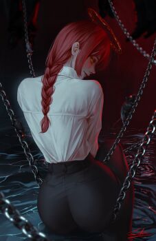 1girl absurdres ass bekus black_pants blood blood_halo braid chain chainsaw_man commentary feet_out_of_frame from_behind glowing glowing_eyes halo highres liquid_halo long_hair looking_at_viewer looking_back makima_(chainsaw_man) mouse_(animal) pants parted_lips red_hair red_halo shirt sidelocks signature single_braid sitting solo water white_shirt yellow_eyes