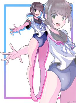 1girl absurdres barefoot black_sailor_collar blue_neckerchief blue_one-piece_swimsuit blush brown_hair commentary_request covered_navel fubuki_(kancolle) fubuki_kai_ni_(kancolle) full_body gluteal_fold green_eyes highres kantai_collection looking_down low_ponytail medium_hair neckerchief one-piece_swimsuit open_mouth outstretched_arm ponytail sailor_collar sailor_shirt school_swimsuit school_uniform serafuku shirt short_sleeves sidelocks solo swimsuit swimsuit_under_clothes teeth twitter_username upper_teeth_only white_background yoko_hata zoom_layer