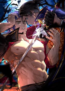 2boys abs alternate_costume aqua_eyes arm_around_back bara bare_pectorals bare_tree bat_(animal) bilingual_commentary black_cape black_hair black_pants brown_eyes cape commentary commentary_request dark-skinned_male dark_skin english_commentary facial_hair fingerless_gloves fingernails full_moon gloves goatee groin hair_up halloween halloween_costume hand_on_own_head highres holding holding_sword holding_weapon leon_(pokemon) male_focus mixed-language_commentary moon multiple_boys mystical_high_collar nail_polish nintendo nipples pants parted_lips pectorals pointy_ears pokemon pokemon_swsh ponytail purple_hair raihan_(pokemon) red_nails sharp_fingernails sinm_i smile sword tree two-sided_cape two-sided_fabric undercut weapon yaoi