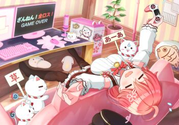 1girl 35p_(sakura_miko) ahoge arms_up bell brown_pantyhose cherry_blossom_print closed_eyes commentary_request computer computer_keyboard computer_mouse computer_tower controller couch detached_sleeves feet floral_print game_controller holding holding_controller holding_game_controller hololive indoors long_hair long_sleeves monitor neck_bell no_shoes on_couch open_mouth pantyhose pillow pink_hair plant potted_plant sakura_miko sakura_miko_(casual) siroimoyasi sitting slippers solo virtual_youtuber wavy_mouth