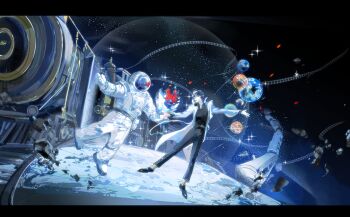 2boys absurdres astronaut belt black_belt black_hair black_shirt blood blood_on_clothes coat collared_shirt dress_shoes earth_(planet) falling_petals film_reel floating grin helmet highres kim_dokja lantercat letterboxed looking_at_another multiple_boys omniscient_reader's_viewpoint outstretched_arms petals planet shirt short_hair sky smile space space_helmet space_station sparkle spotlight star_(sky) starry_sky train white_coat yoo_joonghyuk