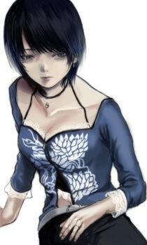1girl belt black_hair breasts closed_mouth collarbone earrings fatal_frame fatal_frame_iii:_the_tormented gauss_&lt;bokashi highres jewelry kurosawa_rei lips looking_at_viewer mole mole_under_eye short_hair simple_background solo white_background zipper_pull_tab