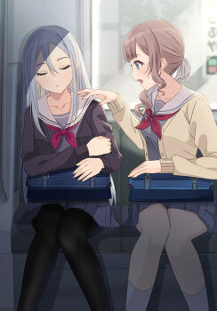 Rule 34 | 2girls, bag, black cardigan, black pantyhose, blue bag, blue eyes, blue hair, blush, brown hair, cardigan, collarbone, commentary request, double-parted bangs, feet out of frame, grey shirt, grey skirt, hair between eyes, hair over shoulder, highres, kneehighs, long hair, long sleeves, looking at another, miniskirt, mochizuki honami, multiple girls, neckerchief, open mouth, pantyhose, pleated skirt, ponytail, project sekai, red neckerchief, sailor collar, school bag, shirt, sidelocks, sitting, skirt, sleeping, socks, sweatdrop, train interior, white sailor collar, white socks, yellow cardigan, yoisaki kanade, yui081