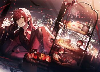 1boy black_gloves cake cake_slice city_lights cityscape closed_mouth commentary confetti food gloves green_eyes hair_between_eyes highres holding holding_cake holding_food lauren_iroas lauren_iroas_(4th_costume) light_particles long_hair long_sleeves looking_at_viewer lying male_focus night night_sky nijisanji official_alternate_costume om_(tyakonnpasu) on_stomach red_hair sky skyline smile solo streamers tongue tongue_out virtual_youtuber window