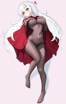 1girl absurdres areola_slip black_bodysuit blush bodysuit breasts bryuni cleavage cloak closed_mouth cosplay covered_groin covered_navel covering_breasts covering_privates eyeliner feet from_above full_body green_eyes hair_between_eyes hair_intakes hair_ornament hair_spread_out hands_on_own_chest hands_up head_tilt heart highres hollow_knight hollow_knight:_silksong horned_mask hornet_(hollow_knight) hornet_(hollow_knight)_(cosplay) hyua indie_virtual_youtuber large_breasts legs long_hair looking_at_viewer lying makeup mask on_back pink_background red_cloak red_eyeliner sidelocks simple_background solo thighs toes underboob very_long_hair virtual_youtuber white_hair