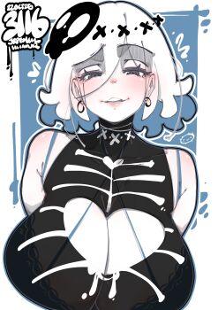 1girl absurdres artist_name bare_shoulders black_leotard bra_visible_through_clothes breasts cleavage cleavage_cutout clothing_cutout commentary earrings english_commentary grey_eyes hair_ornament heart_cutout highres jewelry jrpencil large_breasts leotard looking_at_viewer open_mouth original parted_bangs print_leotard raised_eyebrow short_hair skeleton_print skull_hair_ornament smile solo upper_body white_hair