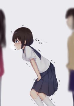 1girl between_legs blue_background blue_eyes blue_sailor_collar blue_skirt blurry blurry_background blush breath brown_hair crossed_legs embarrassed female_focus flat_chest from_side hair_tie hand_between_legs have_to_pee heavy_breathing highres japanese_text kanekan kneehighs leaning_forward medium_hair miniskirt nervous nose_blush open_mouth original people pleated_skirt queue sailor_collar school_uniform serafuku shirt short_sleeves sidelocks sideways_mouth simple_background skirt socks solo_focus sweat translated twintails white_shirt white_socks wide-eyed