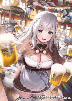 :d alcohol apron beer beer_mug black_bow black_bowtie blunt_bangs bodice bow bowtie breasts brown_capelet capelet center_frills commentary_request copyright_notice cup dan&#039;in-san_(shirogane_noel) dark_skin detached_collar dirndl flower frilled_apron frilled_shirt frilled_skirt frills german_clothes hair_flower hair_ornament holding holding_cup hololive indoors large_breasts long_hair looking_at_viewer mug official_alternate_costume official_alternate_hairstyle official_art open_mouth shirogane_noel shirogane_noel_(dirndl) shirt short_sleeves skirt smile straight_hair suraimu_(suraimuraimu) thighhighs very_long_hair virtual_youtuber waist_apron white_apron white_shirt white_thighhighs