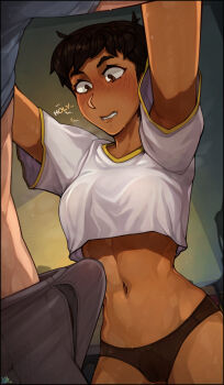 1boy 1girl abs assertive_female black_hair black_panties blush boxer_briefs breasts brown_eyes brown_lips bulge cameltoe clark_kent commentary crop_top crop_top_overhang dark-skinned_female dark_skin dc_comics english_commentary erection erection_under_clothes height_difference highres interracial linea_alba lois_lane looking_at_penis looking_down male_underwear medium_breasts midriff my_adventures_with_superman navel nose_blush panties penis_awe precum precum_through_clothes pussy_juice pussy_juice_drip_through_clothes pussy_juice_stain short_hair solo_focus superman_(series) tomboy toned underwear very_short_hair yellowroom