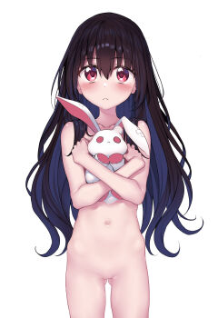 1girl absurdres black_hair blush completely_nude gluteal_fold hair_between_eyes highres holding holding_stuffed_toy loli long_hair looking_at_viewer navel nude original red_eyes solo stuffed_animal stuffed_rabbit stuffed_toy suga_hideo very_long_hair