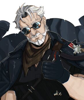 Rule 34 | 1boy, arm up, beard, black gloves, black jacket, black shirt, chest strap, commentary, english commentary, facial hair, gloves, grey hair, highres, igor (reverse:1999), jacket, jacket on shoulders, lapels, male focus, mature male, medal, msf (felsmlll), mustache, reverse:1999, scarf, shirt, short hair, simple background, solo, sunglasses, thumbs up, upper body, v-neck, white background