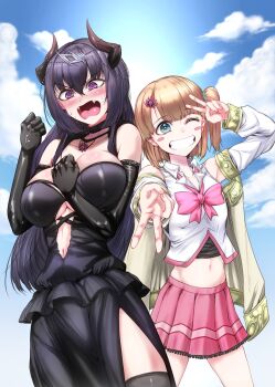 2girls anger_vein aqua_eyes bare_shoulders black_dress black_gloves blonde_hair blush breasts character_request choker cleavage clothing_cutout collarbone copyright_request cowboy_shot crop_top demon_girl demon_horns double_v dress elbow_gloves embarrassed fangs genderswap genderswap_(mtf) gloves grin highres horns large_breasts long_hair multiple_girls navel_cutout one_eye_closed purple_eyes short_hair side_ponytail smile sweatdrop thighhighs underboob v very_long_hair wasugabakuhatu