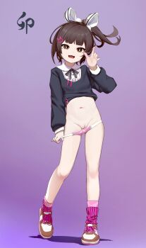 1girl akifn black_hair bow bright_pupils brown_eyes cleft_of_venus female_focus full_body hair_ornament highres loli long_sleeves looking_at_viewer navel original panties panty_pull pink_nails ponytail pulling_own_clothes purple_background pussy pussy_juice pussy_juice_on_fingers rabbit-shaped_pupils rabbit_hair_ornament shadow shirt shoes socks solo standing standing_on_one_leg stomach striped_bow symbol-shaped_pupils third-party_edit uncensored underwear white_pupils