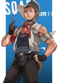 1boy absurdres belt black_belt black_gloves black_hair black_pants black_tank_top blue_eyes call_of_duty call_of_duty:_modern_warfare_2 closed_mouth coni0771 cowboy_hat facial_hair fingerless_gloves gloves gun hat highres holding holding_gun holding_weapon male_focus pants short_hair soap_(modern_warfare_2) solo tank_top vest weapon white_vest