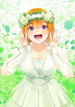 1girl absurdres bare_shoulders blue_eyes blush collarbone commentary_request detached_sleeves dress go-toubun_no_hanayome green_background green_dress green_sleeves hair_between_eyes hands_up head_wreath highres kachin looking_at_viewer nakano_yotsuba open_mouth orange_hair short_hair shouting solo twitter_username upper_body wedding_dress