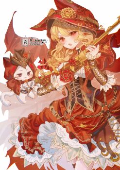 Rule 34 | 1girl, :3, absurdres, animal, animal ear hood, animal ears, arm warmers, ascot, asymmetrical eyewear, belt, belt collar, black belt, black corset, black hat, black vest, blonde hair, bow, braid, brown arm warmers, brown belt, brown eyes, cat, chinese commentary, cloak, closed mouth, clothed animal, collar, commentary request, commission, corset, cowboy shot, cross-laced armwear, determined, dot nose, eyelashes, fake animal ears, floating clothes, floating hair, floral print, flower, flower-shaped eyewear, frilled arm warmers, frilled skirt, frills, goggles, goggles on headwear, gun, hair between eyes, hair bow, hair ornament, hair over shoulder, hat, hat flower, heart, heart-shaped eyewear, heart hair ornament, highres, holding, holding gun, holding weapon, hood, hood up, hooded cloak, hoop skirt, infinity nikki, light blush, light particles, long hair, low twin braids, medium skirt, momo (nikki), multiple belts, musket, nikki (series), o-ring, o-ring belt, official alternate costume, open mouth, petticoat, print cloak, red bow, red cloak, red eyes, red flower, red rose, red skirt, rose, rose print, she is wildfire (infinity nikki), shirt, simple background, skirt, sparkle, tinted eyewear, twin braids, vest, watermark, wavy hair, weapon, whiskers, white ascot, white background, white cat, white shirt, wolf ears, yellow-tinted eyewear, yellow flower, yellow rose, yishan zhiming