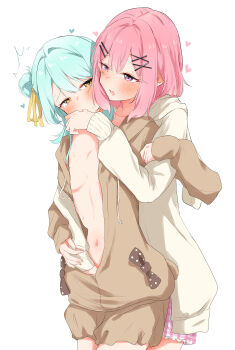 2girls absurdres amaori_renako blue_hair blush breasts brown_hoodie brown_shorts commentary drawstring finger_in_another's_mouth fingering hair_ornament hairclip heart highres hood hoodie koyanagi_kaho medium_hair multiple_girls navel nuooooodoomo official_alternate_costume open_clothes open_hoodie open_mouth pink_hair purple_eyes reach-around saliva shorts sleepwear small_breasts sweat watashi_ga_koibito_ni_nareru_wake_naijan_murimuri! white_hoodie x_hair_ornament yellow_eyes yuri