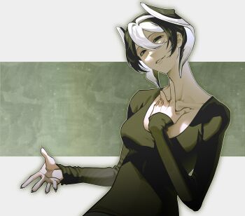 1girl absurdres black_eyes black_shirt highres long_sleeves made_in_abyss mature_female multicolored_hair old old_woman ozen shirt smile solo two-tone_hair white_hair xoixoi_empty