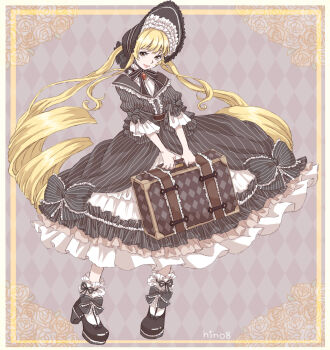 Rule 34 | 1girl, ankle bow, ankle ribbon, argyle background, black ribbon, black shoes, blonde hair, bonnet, border, bow, bowtie, brooch, brown background, brown bonnet, brown bow, brown bowtie, brown dress, classic lolita, closed mouth, commentary request, dress, dress bow, drill hair, eyelashes, flower, frilled bow, frilled dress, frilled headwear, frilled sleeves, frilled socks, frills, full body, grey bow, hair through headwear, happy, high heels, highres, hino (8), holding, holding suitcase, jewelry, leg ribbon, lipstick, lolita fashion, long dress, long hair, long sleeves, maiden's romance (miracle nikki), makeup, miracle nikki, nikki (series), outside border, partial commentary, picture frame, pink lips, puffy long sleeves, puffy sleeves, pumps, ribbon, ribbon legwear, rose, shirt, shirt under dress, shoes, signature, sleeve bow, smile, socks, solo, striped bow, striped clothes, striped dress, suitcase, three-quarter sleeves, twin drills, twintails, vertical-striped clothes, vertical-striped dress, very long hair, white border, white shirt, white socks, yellow eyes