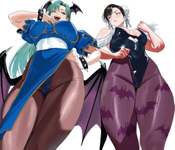 2girls adjusting_clothes adjusting_leotard animal_print asymmetrical_bangs bat_print bat_wings black_hair black_leotard blue_dress blush bracelet breasts brown_pantyhose bun_cover cameltoe capcom china_dress chinese_clothes chun-li chun-li_(cosplay) closed_mouth clothing_cutout commentary cosplay costume_switch curtained_hair cutout_above_navel darkstalkers double_bun dress earrings embarrassed english_commentary fangs feet_out_of_frame from_below frown furrowed_brow green_hair hair_bun hand_on_own_hip hand_to_own_mouth head_wings heart_cutout highleg highleg_leotard highres jewelry large_breasts leotard long_hair looking_at_another looking_to_the_side low_wings medium_breasts morrigan_aensland morrigan_aensland_(cosplay) mugi_(mugit49) multiple_girls open_mouth pantyhose parted_bangs pelvic_curtain print_pantyhose puffy_short_sleeves puffy_sleeves purple_pantyhose short_hair short_sleeves simple_background smile sphere_earrings spiked_bracelet spiked_wings spikes standing strapless strapless_leotard street_fighter sweatdrop teeth thick_thighs thighs upper_teeth_only white_background wings