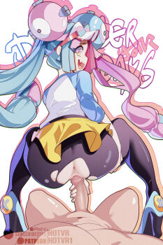 1boy 1girl :d anus ass black_pantyhose blue_hair clothed_female_nude_male clothes_lift cosplay from_behind gradient_eyes hair_ornament hetero highres hot_vr imminent_penetration imminent_vaginal iono_(pokemon) large_penis long_hair looking_back multicolored_eyes multicolored_hair nintendo nude open_mouth pantyhose penis pink_eyes pink_hair pokemon pokemon_bw2 pokemon_sv purple_hair pussy raglan_sleeves rosa_(pokemon) rosa_(pokemon)_(cosplay) sex sharp_teeth skirt skirt_lift smile split-color_hair teeth torn_clothes torn_pantyhose twintails uncensored very_long_hair visor_cap yellow_eyes yellow_skirt