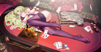 1girl absurdres ace_(playing_card) ace_of_clubs ace_of_diamonds ace_of_spades animal_ears ass azur_lane banknote breasts briefcase card carpet chair club_(shape) commentary_request diamond_(shape) dollar_bill eight_of_hearts fake_animal_ears five_of_clubs floating_card four_of_hearts full_body green_hair high_denomination_banknote highres holding holding_card huge_breasts hundred_dollar_bill ice ice_cube indoors jack_daniel's king_(playing_card) king_of_hearts_(playing_card) lace lace-trimmed_thighhighs lace_trim large_breasts leotard long_hair looking_at_viewer lying money money_bag napoli_(azur_lane) napoli_(dreamy_night)_(azur_lane) nine_of_clubs nine_of_hearts nontraditional_playboy_bunny official_alternate_costume on_side on_table playboy_bunny playing_card poker_chip poker_table purple_leotard purple_thighhighs rabbit_ears red_eyes shiran1024 six_of_diamonds six_of_hearts six_of_spades solo spade_(shape) table ten_of_hearts ten_of_spades thighhighs three_of_spades two_of_hearts very_long_hair white_wrist_cuffs wrist_cuffs