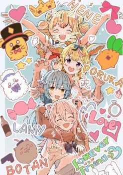 3qnekko 4girls ahoge alternate_costume animal_ears arms_up black_bow black_bowtie blonde_hair blue_hair bow bowtie brown_cardigan cardigan character_name commentary_request double_bun english_text fang fox_ears fox_girl grey_hair hair_bun highres hololive hug hug_from_behind lion_ears lion_girl momosuzu_nene multiple_girls nekko_(momosuzu_nene) nepolabo omaru_polka open_mouth purple_eyes school_uniform shirt shishiro_botan smile ssrb_(shishiro_botan) two_side_up virtual_youtuber white_shirt yellow_eyes yukihana_lamy yukimin_(yukihana_lamy) zain_(omaru_polka)