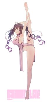 1girl absurdres armpits ass breasts brown_hair china_dress chinese_clothes cleavage dress hair_ornament hair_ribbon highres himemiya_rie legs looking_at_viewer medium_breasts multicolored_hair open_mouth phase_connect pink_dress pink_eyes pink_hair ribbon sideboob smile split standing standing_on_one_leg standing_split streaked_hair thighhighs tilt-shift_(azalanz) toes twintails virtual_youtuber white_background