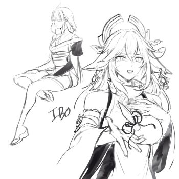 2girls 49ibo240 animal_ears artist_name blunt_bangs braid bridal_gauntlets closed_eyes closed_mouth covered_collarbone detached_sleeves earrings facing_to_the_side fangs feathers fingernails floating fox_ears genshin_impact greyscale hair_between_eyes half_lotus_position hand_on_own_chest hands_on_own_thighs hands_up head_ornament highres japanese_clothes jewelry kimono kimono_skirt levitation long_hair long_sidelocks looking_at_viewer low-braided_long_hair low-tied_long_hair lower_eyelashes_only monochrome multiple_girls nontraditional_miko obi off_shoulder okobo open_hand open_hands open_mouth platform_sandals pom_pom_(clothes) raiden_shogun sandals sash shrug_(clothing) sidelocks single_sode sitting sketch teeth tsurime upper_teeth_only wide_sleeves yae_miko