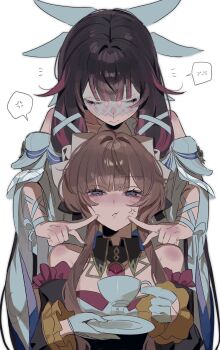 2girls anger_vein bare_shoulders black_bow black_collar black_hair blue_eyes blush bow brown_hair cheek_squash closed_eyes closed_mouth collar columbina_(genshin_impact) commentary_request cup detached_collar detached_sleeves dress eye_mask frilled_sleeves frills genshin_impact gloves hair_bow hair_ribbon hands_on_another&#039;s_cheeks hands_on_another&#039;s_face head_wings headdress highres holding holding_cup holding_saucer koooooo63532680 long_hair long_sleeves mask multicolored_hair multiple_girls pink_hair ribbon sandrone_(genshin_impact) saucer short_hair_with_long_locks simple_background speech_bubble spoken_anger_vein spoken_expression teacup white_background white_dress white_gloves white_ribbon wings