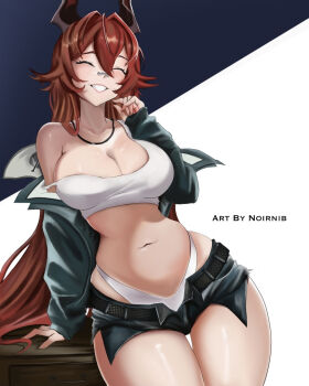 1girl bandaid bandaid_on_face bandaid_on_nose black_shorts breasts cleavage goddess_of_victory:_nikke hair_intakes horns large_breasts long_hair mechanical_horns navel noirnib official_alternate_costume panties red_hair red_hood_(nikke) red_hood_(retro_days)_(nikke) shorts smile solo stomach strap_slip tank_top thighs two-tone_background underwear unzipped very_long_hair white_panties white_tank_top
