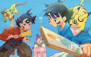 1girl 2boys :d alternate_costume ash_ketchum black_hair blue_background blue_eyes blue_kimono brown_eyes chloe_(pokemon) commentary_request eevee facepaint floral_print gen_1_pokemon gen_8_pokemon goh_(pokemon) grin grookey hakama hakama_pants holding holding_paddle holding_pokemon japanese_clothes kimono long_hair long_sleeves matsuno_opa multiple_boys nintendo open_mouth paddle pants pikachu pink_kimono pokemon pokemon_(anime) pokemon_(creature) pokemon_journeys red_kimono smile teeth upper_teeth_only v-shaped_eyebrows