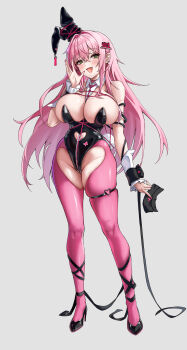 Rule 34 | 1girl, :d, absurdres, animal ear hairband, animal ears, bare shoulders, black leotard, black shoes, black wrist cuffs, blush, breasts, choker, cleavage, clothing cutout, commentary, crotchless, crotchless pantyhose, detached collar, earrings, fake animal ears, fake tail, fang, full body, goddess of victory: nikke, green eyes, groin, hair between eyes, hair intakes, hair ornament, hairband, hand up, heart, heart cutout, heart earrings, heart o-ring, high heels, highleg, highleg leotard, highres, holding, holding letter, jewelry, large breasts, leotard, letter, long hair, looking at viewer, mole, mole on breast, mole under eye, name tag hair ornament, navel cutout, neon (hhs9444), o-ring, open mouth, pantyhose, pink hair, pink nails, pink pantyhose, pink rope, playboy bunny, rabbit ear hairband, rabbit ears, rabbit tail, rope, shibari, shibari over clothes, shoes, sidelocks, simple background, skindentation, smile, solo, spiked choker, spikes, standing, strapless, strapless leotard, tail, thigh strap, undersized breast cup, velvet (nikke), velvet (sensual rabbit) (nikke), wrist cuffs