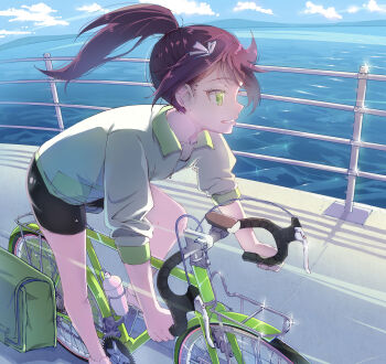 1girl bicycle bike_shorts black_shorts blue_sky brown_hair cloud commentary_request day foot_out_of_frame glint goto_akira green_eyes grin highres ikizulive!_love_live!_bluebird jacket long_hair love_live! mountainous_horizon ocean onimushi_(onimushisan) outdoors ponytail profile railing riding riding_bicycle shorts sky sleeves_pushed_up smile solo three-quarter_sleeves white_jacket