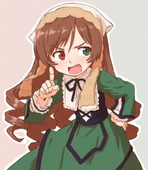 Rule 34 | 1girl, beachepisode, black corset, black ribbon, blush, brown hair, collared dress, corset, cowboy shot, doll joints, dress, drill hair, fang, frilled dress, frilled shirt collar, frills, green dress, green eyes, grey background, hand on own hip, hand up, headscarf, heterochromia, highres, index finger raised, joints, lappet, lolita fashion, long dress, long hair, long sleeves, looking to the side, neck ribbon, open mouth, outline, red eyes, ribbon, rozen maiden, simple background, solo, standing, suiseiseki, swept bangs, twin drills, v-shaped eyebrows, very long hair, white headscarf, white outline