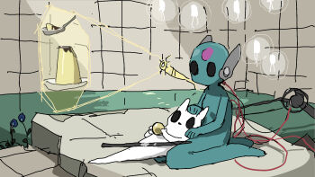 1girl colored_skin creature dessert empty_eyes floating flower food glowing headpat highres holding holding_spoon hologram iterator_(rain_world) jellyfish looks_to_the_moon no_humans non-humanoid_robot plate polearm pudding rain_world robot slugcat spear spoon tsukumizu weapon white_skin