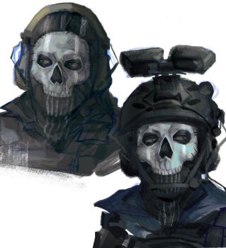 Rule 34 | 1boy, balaclava, black helmet, black jacket, bullfrogsan, call of duty, call of duty: modern warfare 2, ghost (modern warfare 2), head-mounted display, helmet, jacket, lapels, looking to the side, male focus, mask, military uniform, multiple views, sideways glance, simple background, skull print, white background