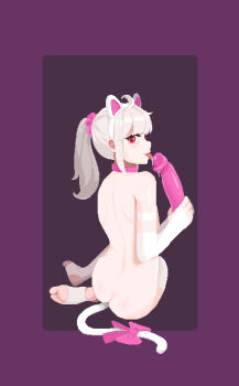 1girl absurdres ahoge anal anal_beads anal_object_insertion anal_tail animal_ears arm_strap ass back bare_back blunt_bangs bow butt_plug cat_ears cat_tail commentary dildo dimples_of_venus elbow_gloves fake_animal_ears fake_tail feet fellatio fingerless_gloves from_behind full_body gloves hair_ornament hair_scrunchie hairband highres holding holding_sex_toy licking licking_dildo long_hair looking_at_viewer looking_back nude object_insertion oral original pink_bow pink_scrunchie pixel_art ponytail red_eyes saliva scrunchie sex_toy shoulder_blades simple_background simulated_fellatio sitting soles solo star-kiss stirrup_legwear tail tail_bow tail_ornament thighhighs toeless_legwear toes tongue tongue_out white_gloves white_hair white_hairband white_thighhighs