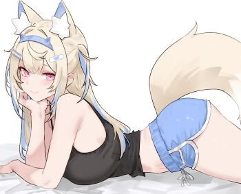 1girl absurdres alternate_costume animal_ears bandaid bandaid_hair_ornament black_tank_top blonde_hair blue_hair blue_hairband blue_shorts bluefield breasts closed_mouth commentary crossed_bangs dog_ears dog_girl dog_tail dolphin_shorts double-parted_bangs extra_ears fake_horns from_side fuwawa_abyssgard hair_between_eyes hair_ornament hairband hairclip hand_on_own_chin head_rest highres hololive hololive_english horn_hairband horns large_breasts long_hair looking_at_viewer lying midriff multicolored_hair on_stomach parallel_hairclips pink_eyes short_shorts shorts simple_background smile solo streaked_hair tail tank_top two_side_up virtual_youtuber white_background