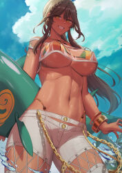Rule 34 | 1girl, absurdres, andromeda (fate), andromeda (second ascension) (fate), bandeau, bare shoulders, bikini, bikini under clothes, blue sky, blush, bracelet, braid, breasts, brown hair, chain, cleavage, criss-cross halter, cross-laced clothes, crown braid, dark-skinned female, dark skin, denim, fate/grand order, fate (series), green eyes, grey pants, grin, halterneck, highleg, highleg bikini, highres, inflatable toy, jeans, jewelry, kakeku, large breasts, long hair, looking at viewer, low ponytail, multicolored bikini, multicolored clothes, navel, pants, rainbow bikini, see-through, sidelocks, sky, smile, solo, swimsuit, thighs, water
