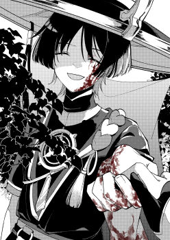 Rule 34 | 1boy, absurdres, arm at side, blood, blood on clothes, blood on face, blood on hands, blunt ends, bodysuit, closed eyes, commentary request, facing viewer, female pov, fingernails, genshin impact, gloves, greyscale, hands up, hat, highres, holding hands, iwoarazumi129, japanese clothes, jewelry, jingasa, juban, kimono, layered sleeves, lumine (genshin impact), mandarin collar, mitsudomoe (shape), monochrome, neck ring, o-ring, open clothes, open kimono, open mouth, outdoors, parted bangs, partially fingerless gloves, plant, pov, rope, sash, scaramouche (genshin impact), shimenawa, short sleeves, smile, spot color, tassel, tomoe (symbol), upper body, veil, white background, wispy bangs